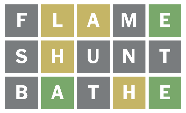 Some guesses of a game of wordle with colored guesses